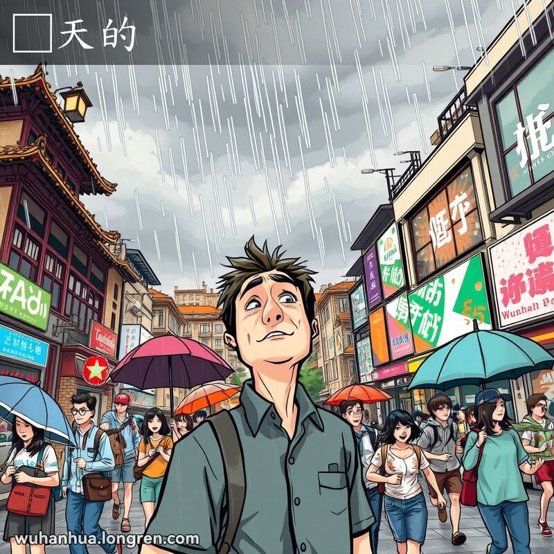 武汉街道突然下起大雨，行人措手不及，有人撑伞，有人匆忙避雨，一位男子抬头望天，脸上露出惊讶的表情。