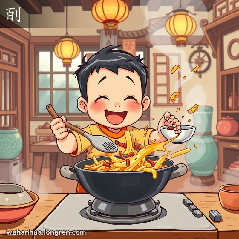 一个孩子在武汉厨房中搅动锅中食物，表现出“㓦”的玩乐和淘气氛围。
