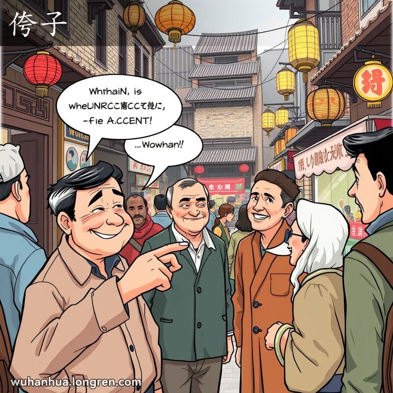 一群武汉市民在老街上聊天，其中一人指着一个说话带口音的人，露出友好但略带嘲笑的表情，背景是武汉老街景。