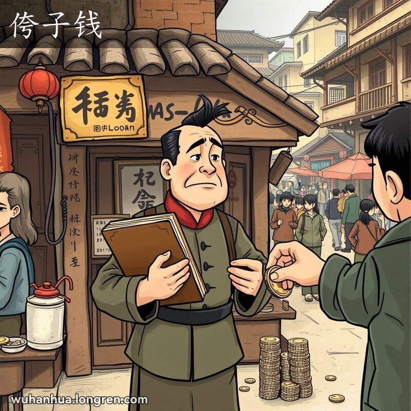 一位传统服饰的男子在老式放贷店前接收顾客递来的硬币，背景是武汉老街景和繁忙市场