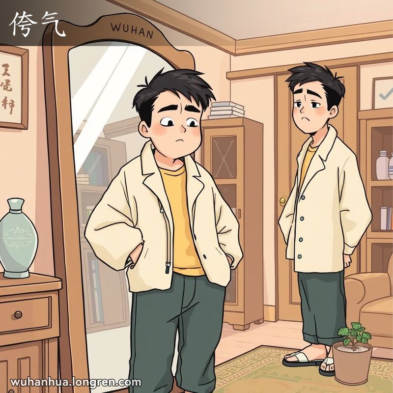 一位武汉年轻人站在全身镜前，试穿一套不合身的新衣服，显得尴尬和不自在，背景是武汉家庭环境