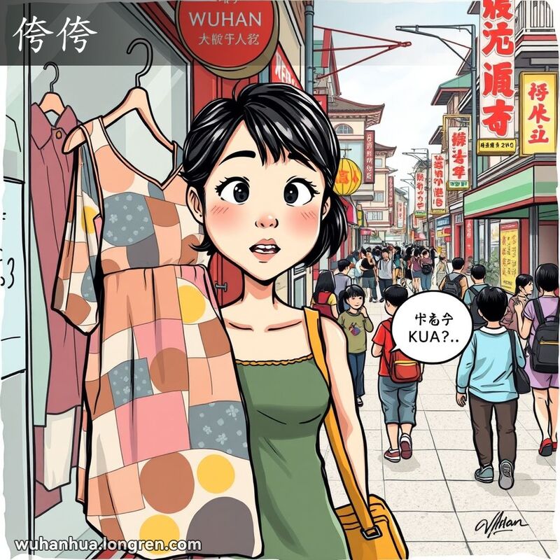 一位武汉女子在街边服装店前，看着一件难看的衣服露出“侉侉”的表情，背景是武汉街景。