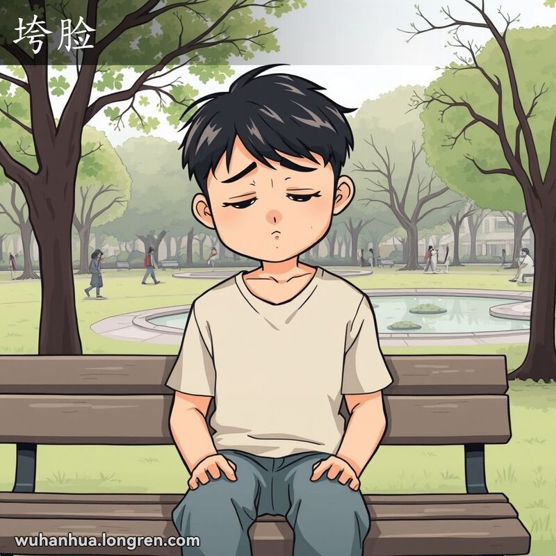 一位武汉市民坐在公园长椅上，表情失落、沮丧，背景是宁静的公园景色