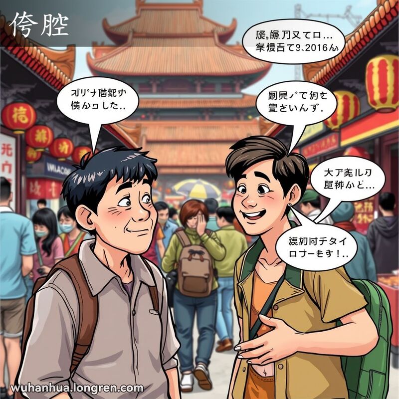 武汉本地人在街市上与带有外地口音的游客交流，背景是热闹的武汉街市
