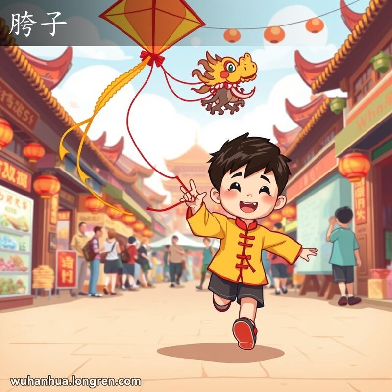 一个小男孩在武汉市场奔跑，手持龙形风筝，腿部动作生动，背景是繁忙的街头小贩和传统建筑
