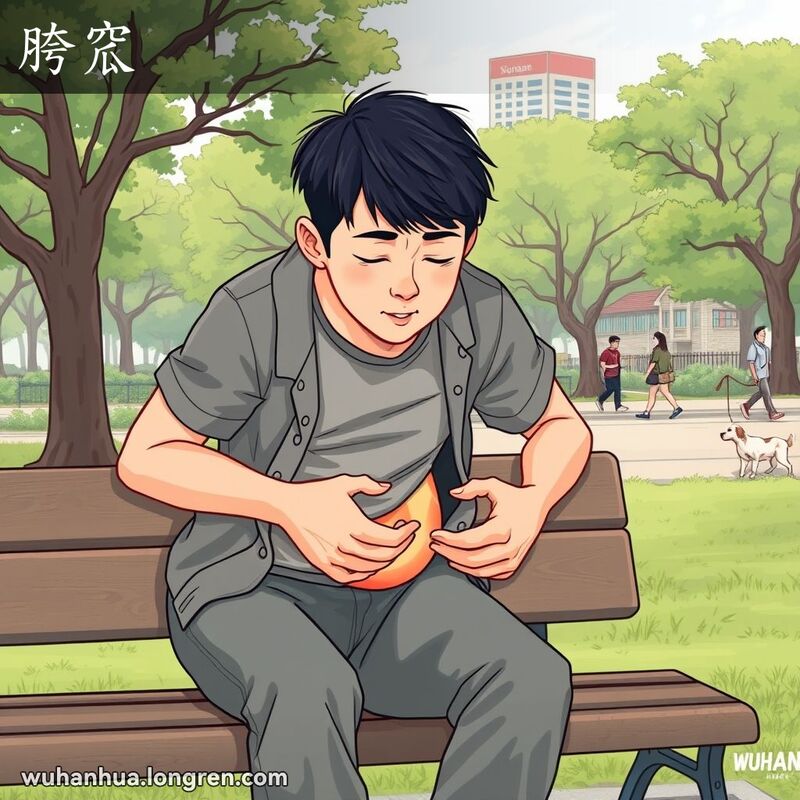 一位年轻的武汉男子坐在公园长椅上，双手抱膝，面露不适，突出大腿和腹部相连的部位，背景是武汉公园景象。