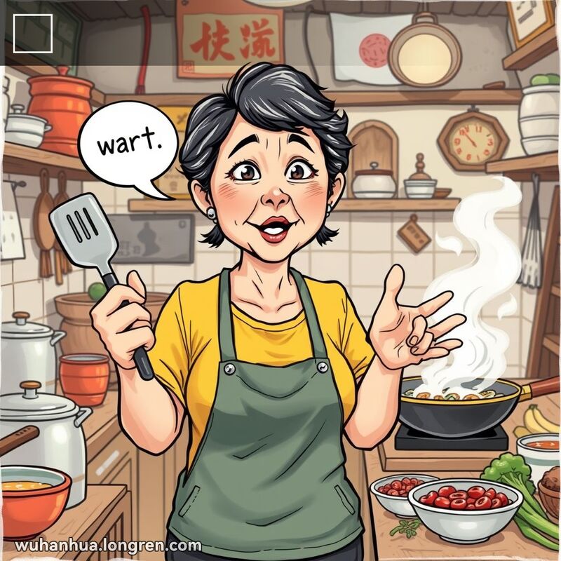 一位武汉妇女在厨房里忙碌，手持锅铲，嘴巴微张，表情生动，仿佛在不停地说话，背景是忙碌的厨房。