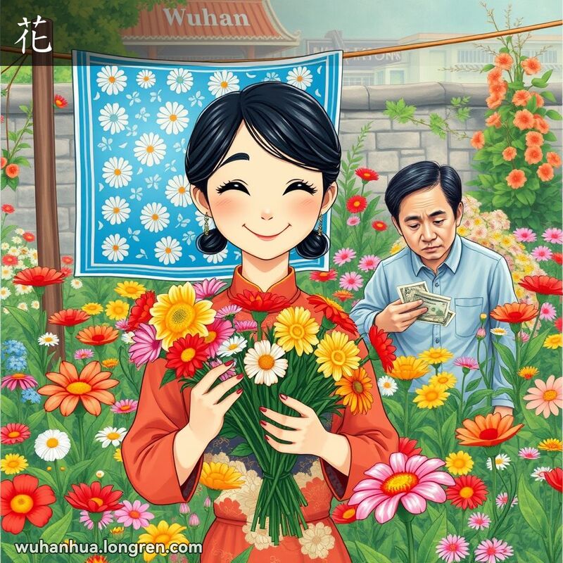 武汉花园中，一位年轻女子手捧鲜花，眼神模糊，背景有蓝底白花被子和数钱的男子。
