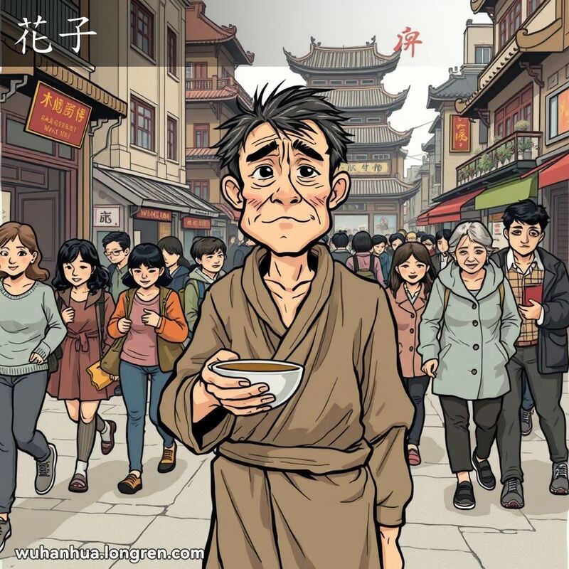 一位衣衫褴褛的乞丐站在武汉街头乞讨，背景是传统街景和路人
