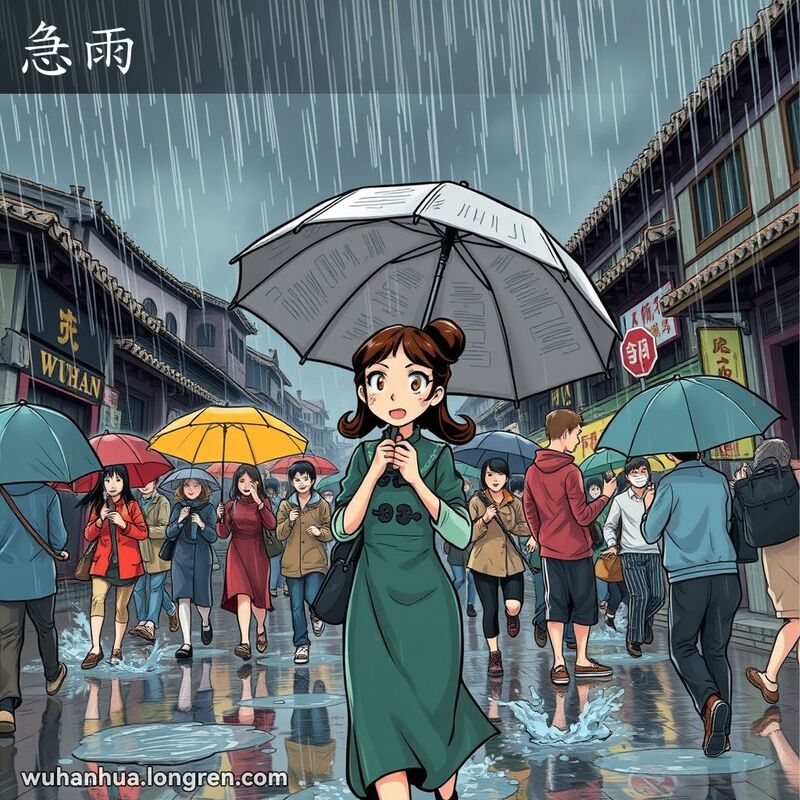 武汉街头突然降临暴雨，行人匆忙寻找避雨处，手持雨伞或用报纸遮头，地面形成水坑，水花四溅。