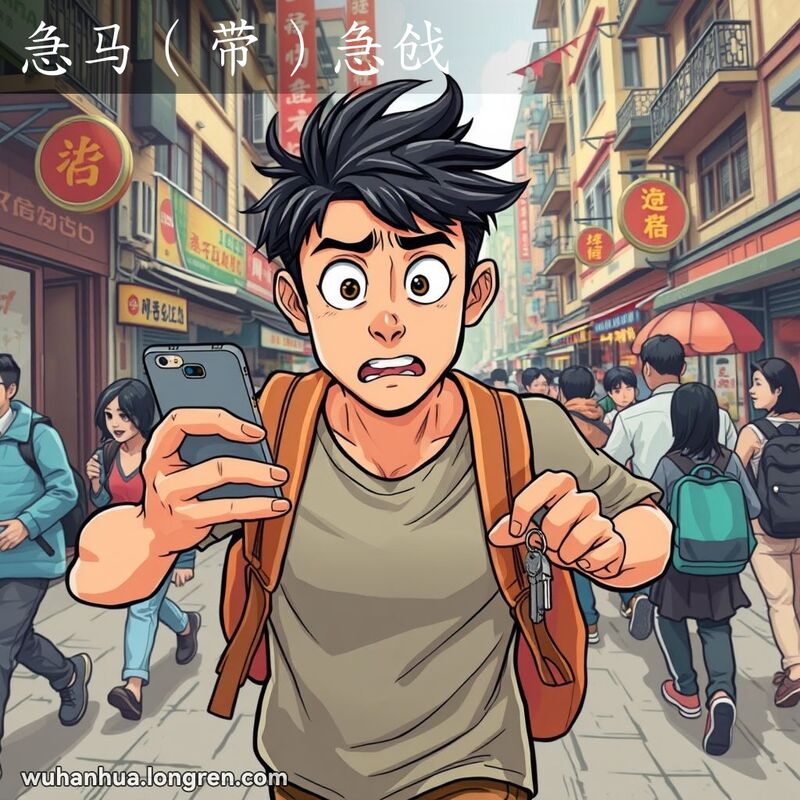 一位年轻男子在武汉街头匆忙赶路，表情急迫，背景是繁忙的城市街景。