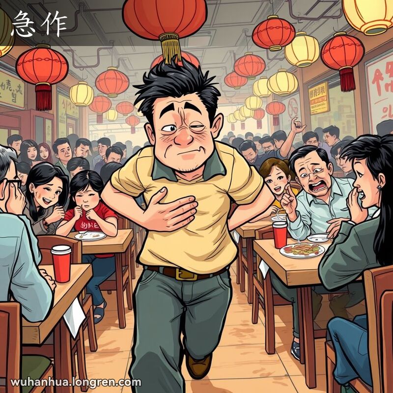 一位男子在拥挤的餐馆中急忙赶往洗手间，脸上露出不适和急迫的表情，背景是热闹的武汉餐馆。