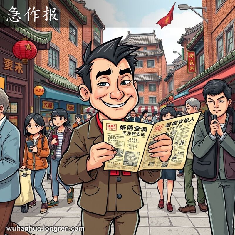 一位穿着不合时宜的男子在武汉街头兜售劣质报纸，周围路人表示不屑，背景是武汉传统街景。