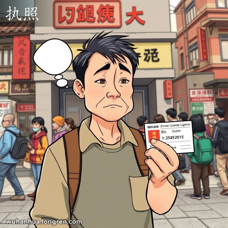 一位中年男子站在政府办公楼前，手持驾驶执照，神情担忧地看着执照上的到期日期，背景是武汉的街景。