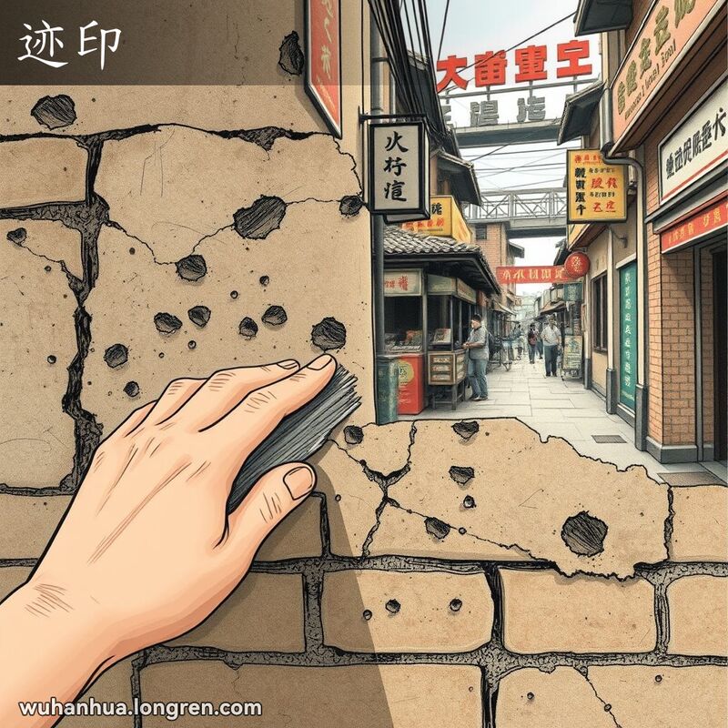 武汉老街巷中的一堵旧砖墙，墙上布满各种痕迹，一只手轻轻擦拭墙面，背景有武汉街头的典型元素。