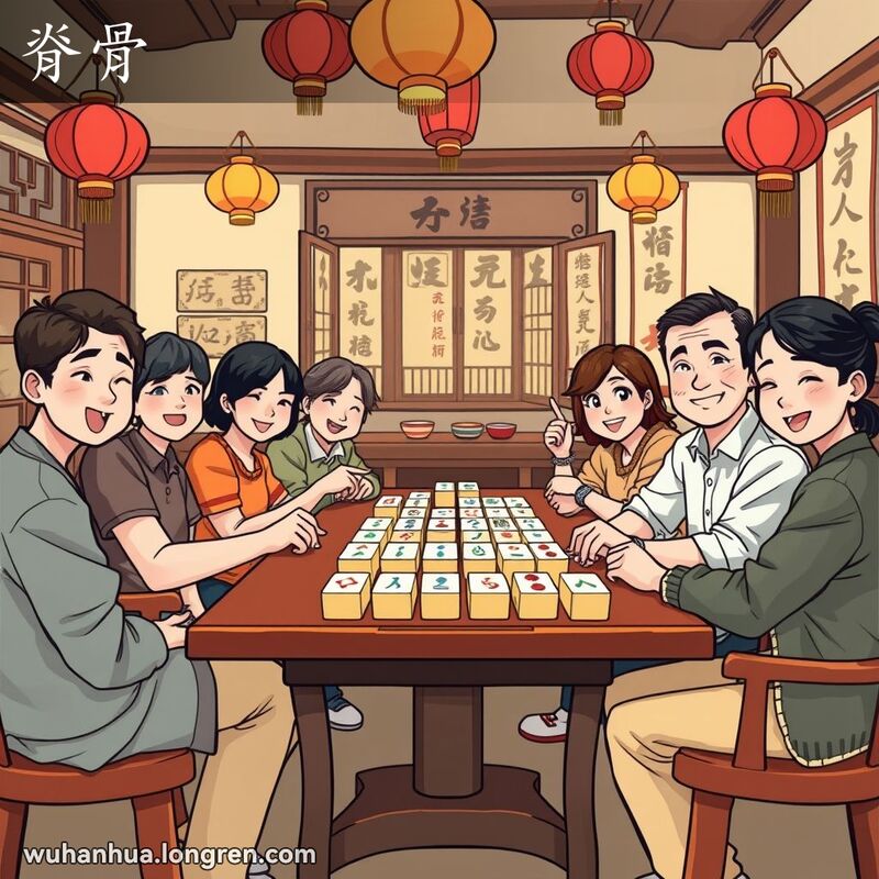 一群人在茶馆打麻将，麻将牌横排摆放，背景是传统中国装饰