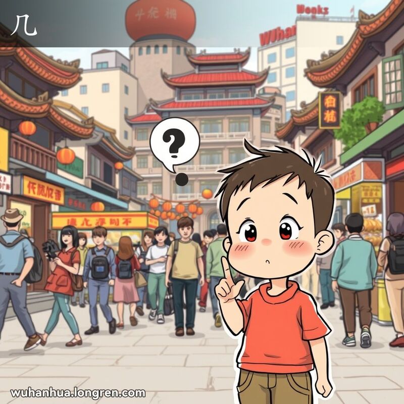 一个好奇的孩子在武汉街头举起几根手指，试图数路过的人，背景是武汉老街景
