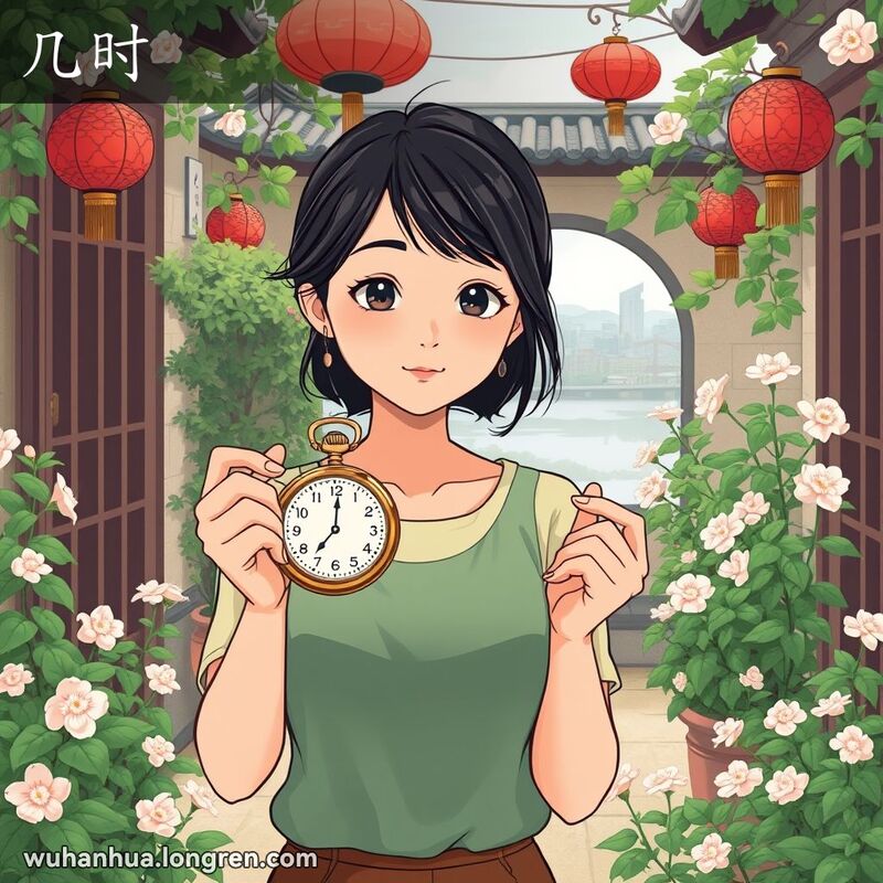 一位武汉女子站在庭院中，手持怀表，表情好奇期待，背景是武汉老街景