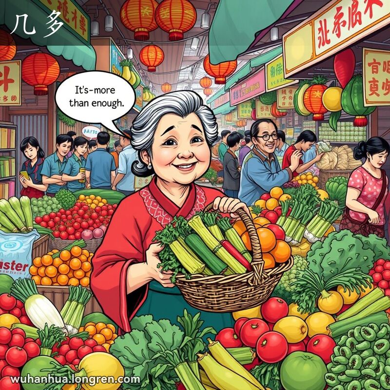 一位中年妇女在武汉市场摊位前，手持满篮蔬菜水果，背景是热闹的市场景象