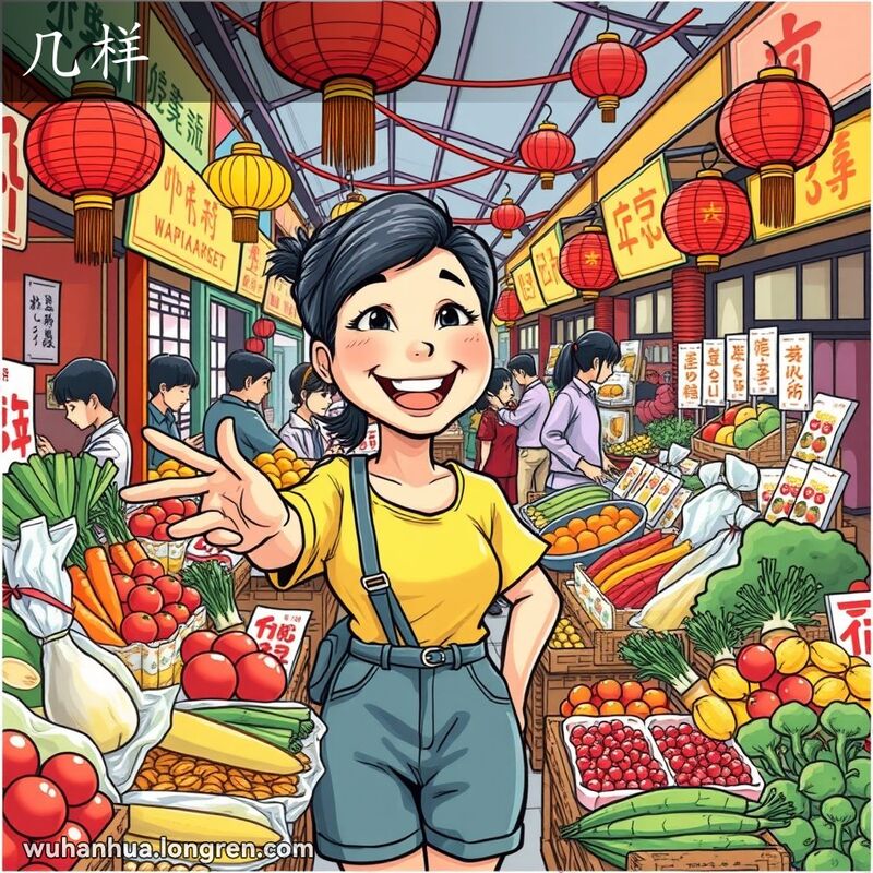 一位武汉女子在市场摊位前指着各种商品，背景是繁忙的传统市场，摊位上挂着红灯笼和传统装饰