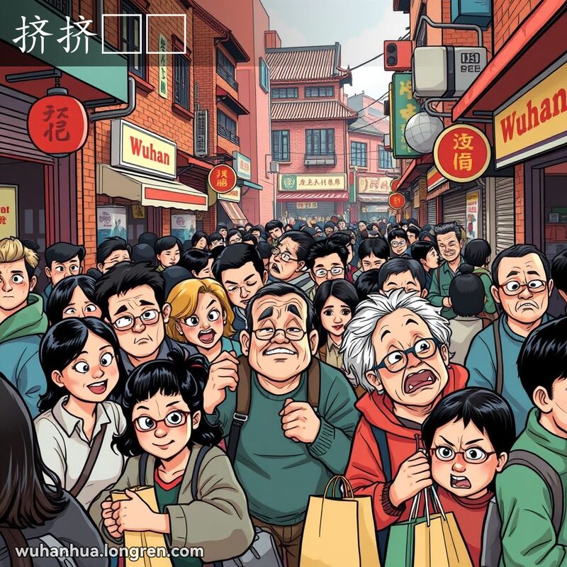 武汉市场街道上人群拥挤，人们试图在狭窄的空间中穿行，背景是传统的武汉建筑和市场摊位。