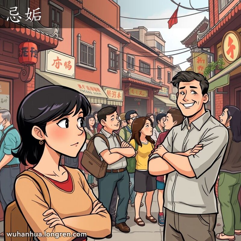 一位武汉女子站在街道上，望着受欢迎的男子露出嫉妒的表情，背景是武汉老街景