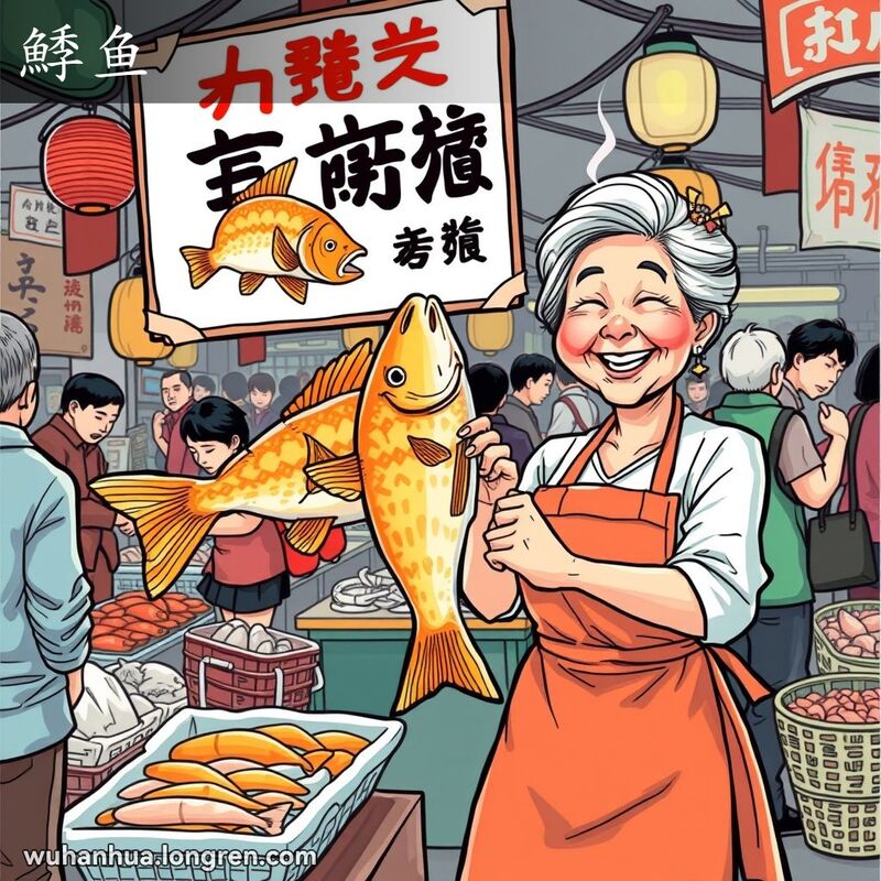 武汉鱼市场热闹场景，摊主展示新鲜桂鱼，背景有其他海鲜摊位和顾客