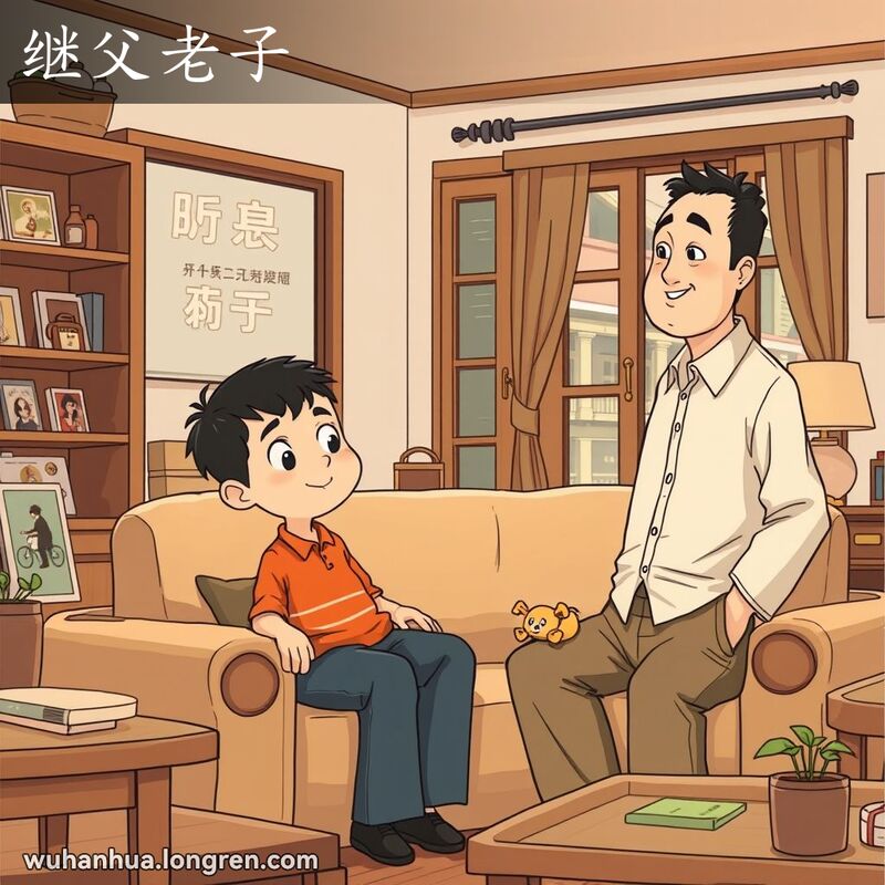 一个温馨的武汉家庭场景，中年男子站在沙发旁，微笑地看着坐在沙发上的小男孩，男孩手持玩具，脸上露出满足和幸福的表情。