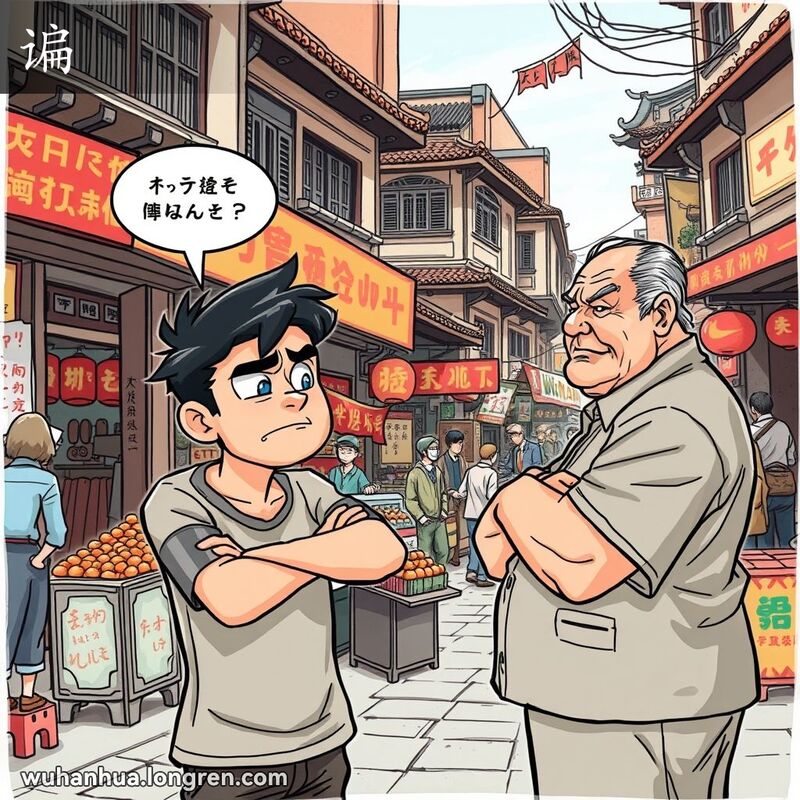 一位年轻人在武汉街头小店前与店主争辩，表情倔强，背景是武汉老街景