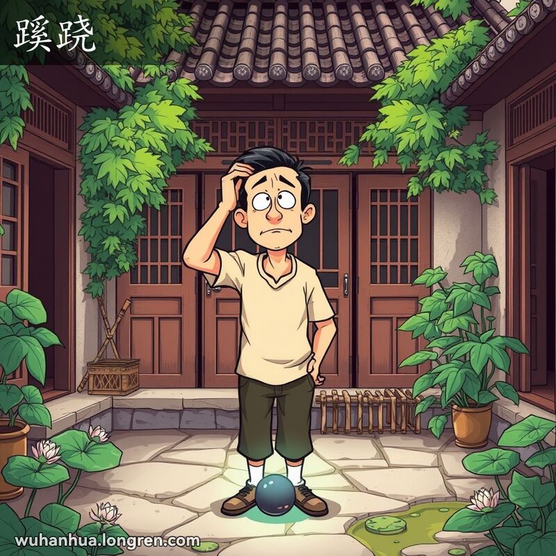 一位男子在武汉传统院落中，低头看着地上一件神秘发光物体，表情困惑，背景有荷花池和竹篱笆。