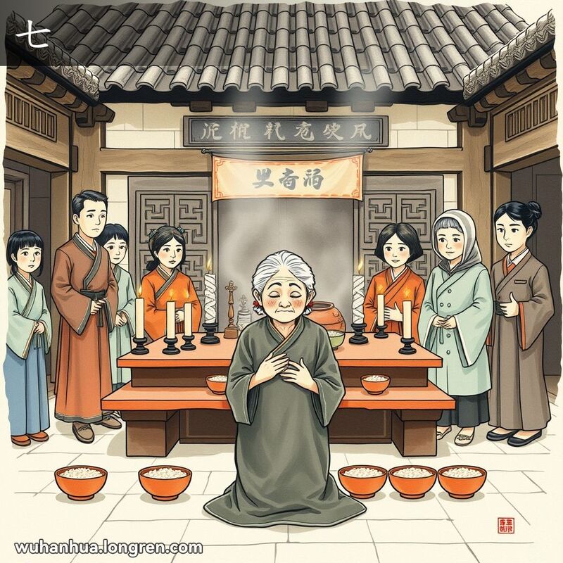 武汉传统丧礼场景，老妇人跪在祭坛前，祭坛上有七碗米饭，背景是老式建筑