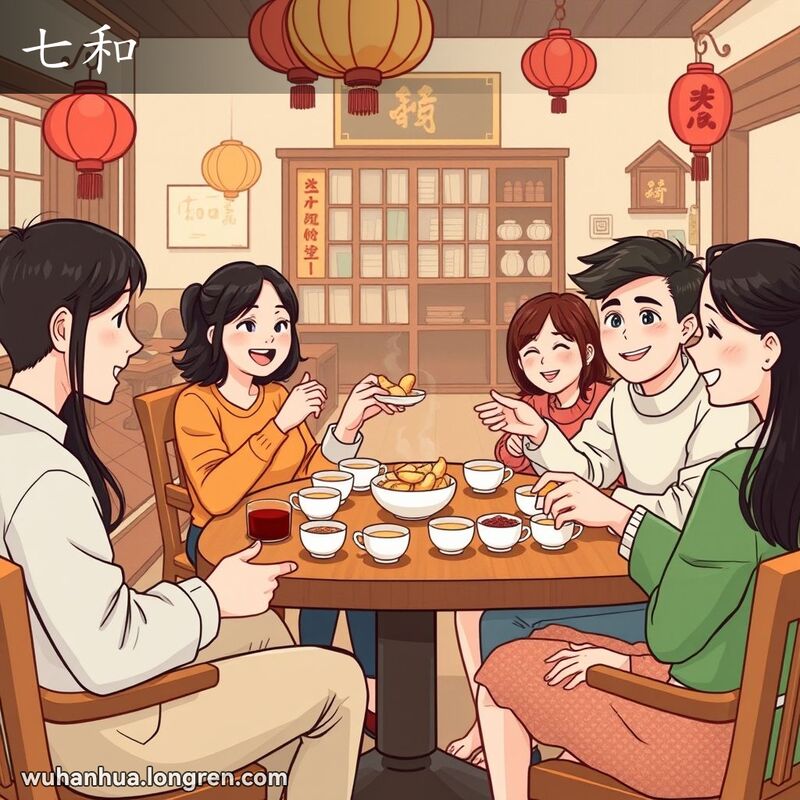一群朋友在武汉茶馆里围坐在桌子旁，享用“七和”小吃，背景有红灯笼和木质家具