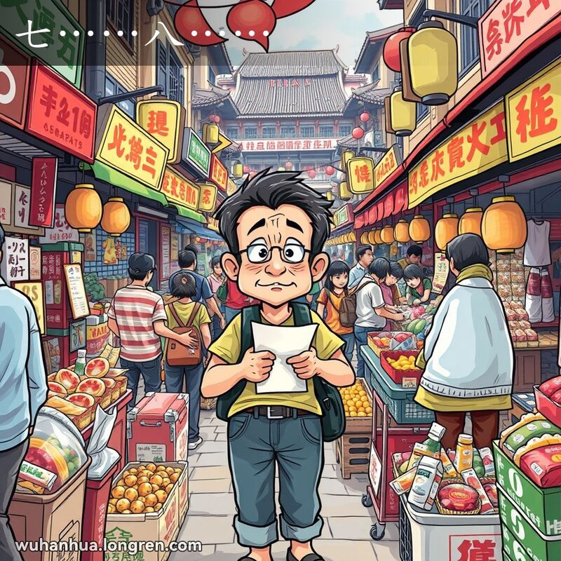 一位武汉市民在繁忙的市场中，手持购物清单，显得迷茫和不知所措，背景是武汉市场景象