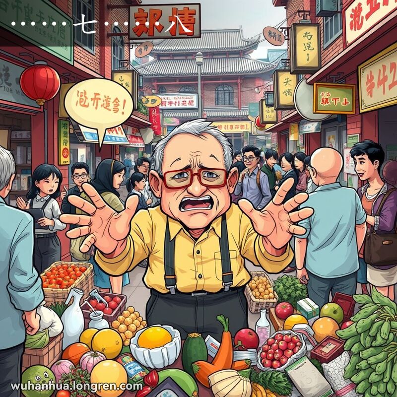 一位中年男子在武汉市场上手势夸张地讲话，周围物品散乱，背景是武汉老街景