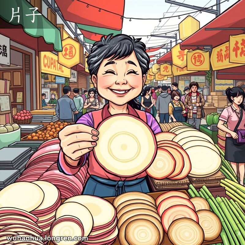武汉市场中，摊主展示萝卜片、藕片等薄片状物品，背景是繁忙的市场场景