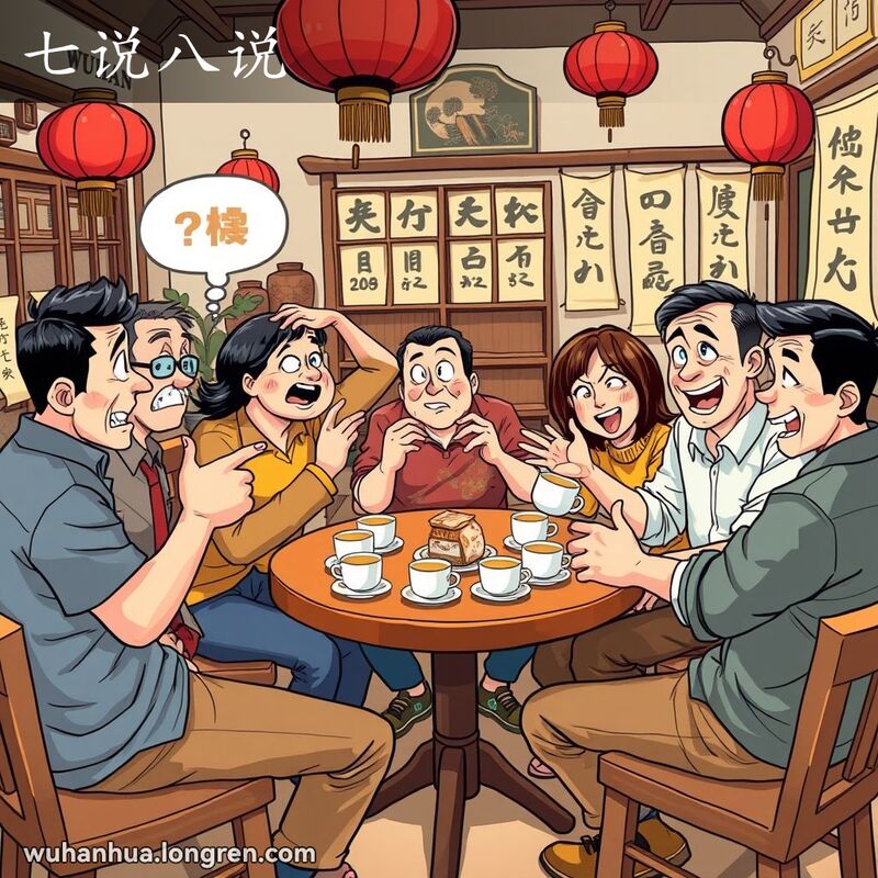 一群武汉市民在茶馆里热烈讨论，表情各异，展现“七说八说”的场景