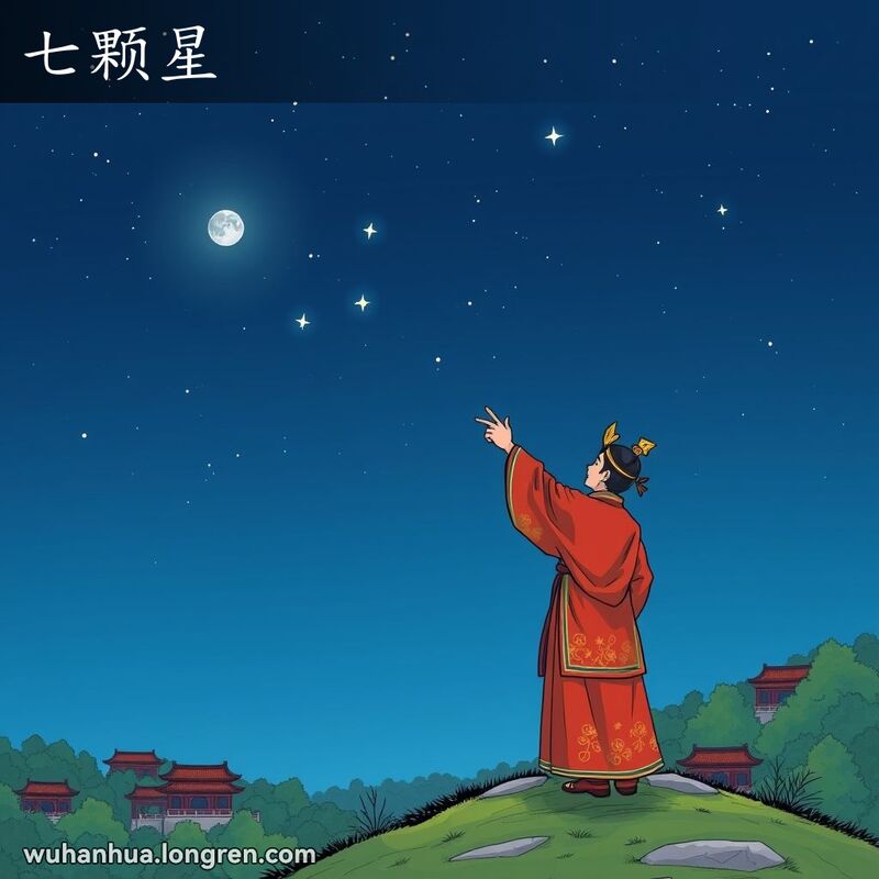 晴朗的夜空中，北斗七星排列成杓形，一位穿着传统服饰的武汉本地人正仰望星空，周围是绿色植被和传统建筑。
