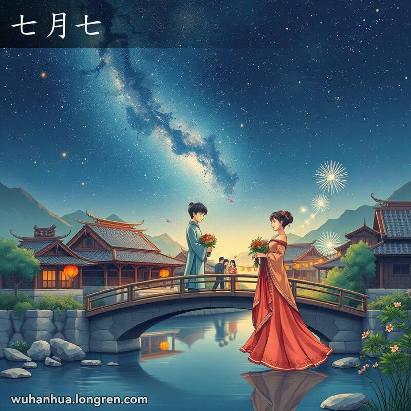 七夕节夜晚，牛郎织女在银河边相会，背景是村庄的庆祝活动，灯笼和烟花点缀夜空