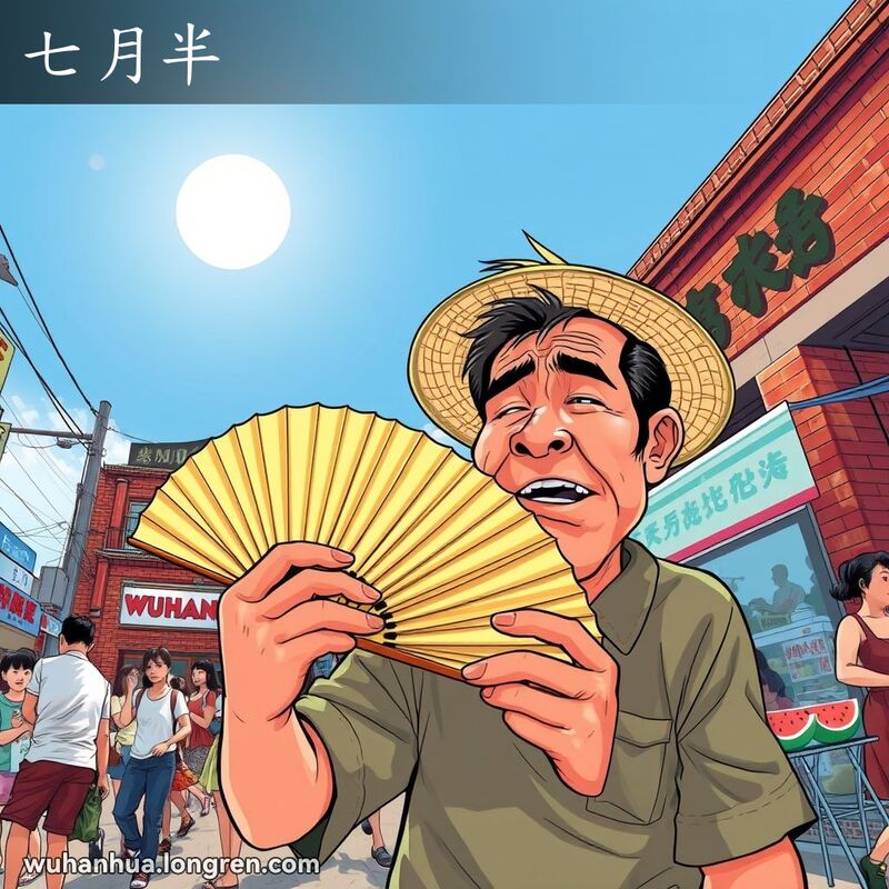 武汉街头七月半炎热天气，市民用扇子扇风，小贩售卖冷饮和西瓜，背景是红砖墙和老式招牌