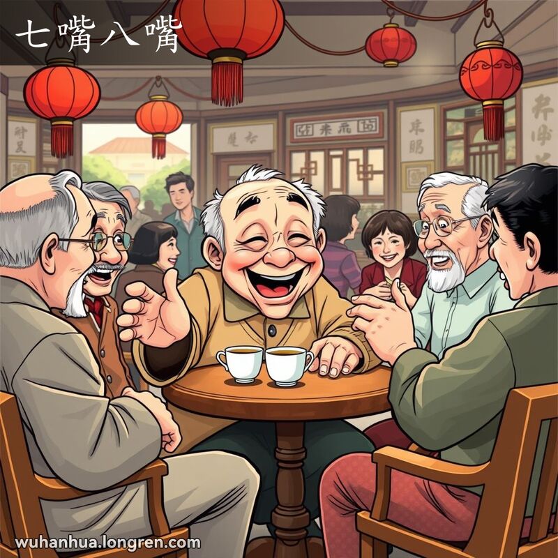 一群武汉老人在茶馆里喝茶聊天，主角老人手舞足蹈，嘴巴大张，表现“七嘴八嘴”的场景。