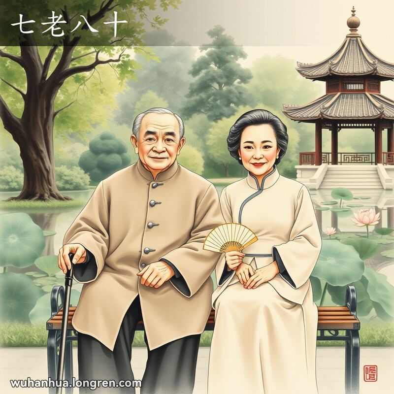 一对年过七旬的老夫妇坐在武汉公园的长椅上，男士穿着唐装，女士穿着旗袍，背景是茂密的绿植和荷花池