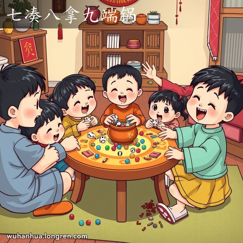 一群孩子围坐在桌旁玩“七凑八拿九端锅”游戏，桌上有玻璃球、糖果等物品，孩子们轮流掷骰子，根据点数进行不同的操作。