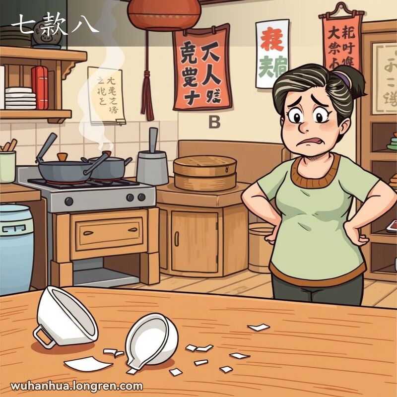 厨房地上有一只摔碎的茶杯，旁边站着一位表情懊恼的中年妇女，背景有炉子、炒锅和竹蒸笼。
