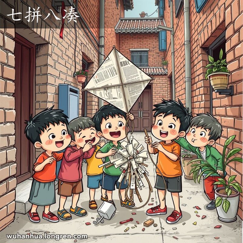 一群武汉孩子在小巷里用旧报纸和树枝拼凑风筝，背景是武汉老街景