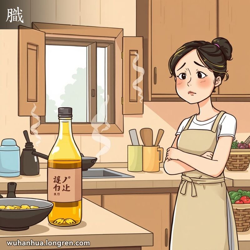 一位武汉妇女在厨房里闻到变质食用油的膱味，露出厌恶的表情