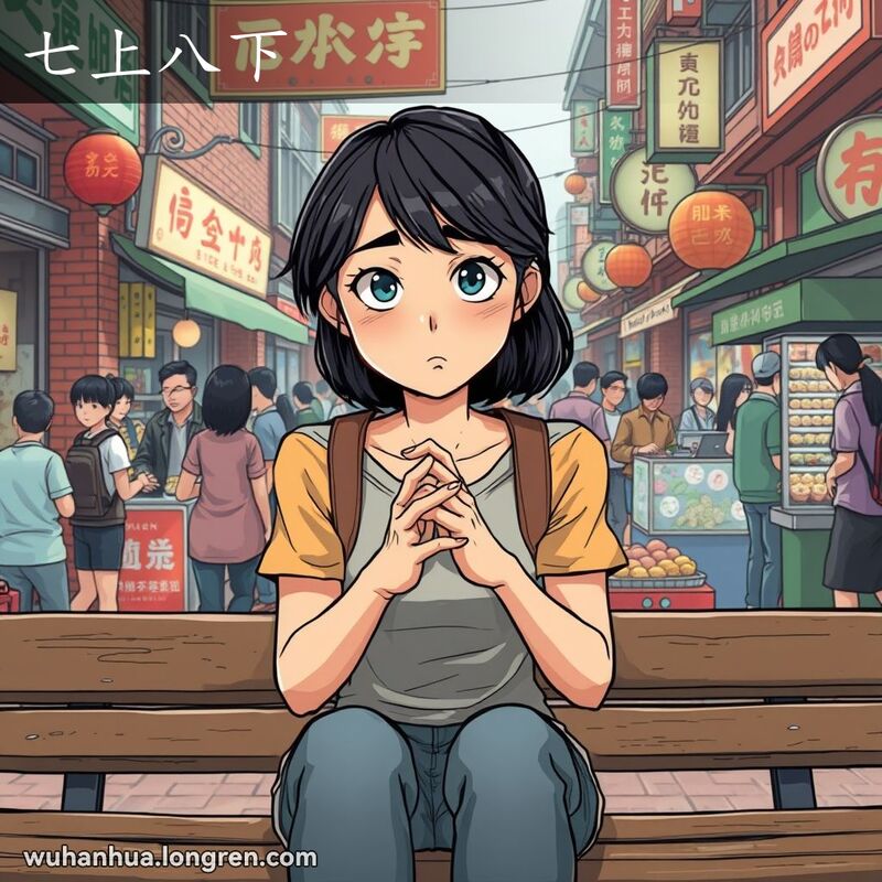 一位年轻的武汉女子坐在市场长椅上，表情焦虑不安，背景是武汉老街市场