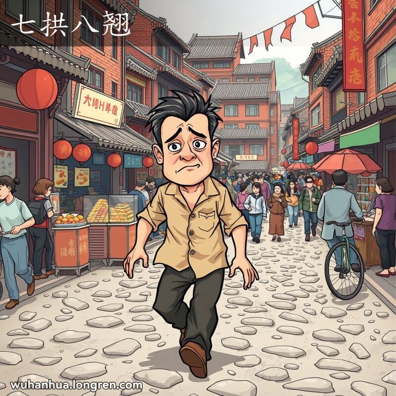 一位武汉市民在坑洼不平的街道上行走，衣着凌乱，表情显得挫败和不便，背景是繁忙的武汉老街景