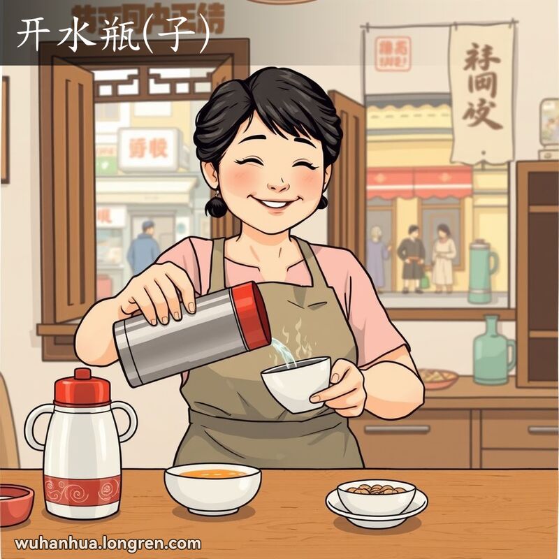 一位中年妇女在厨房里从热水瓶中倒热水，背景是温馨的家庭场景