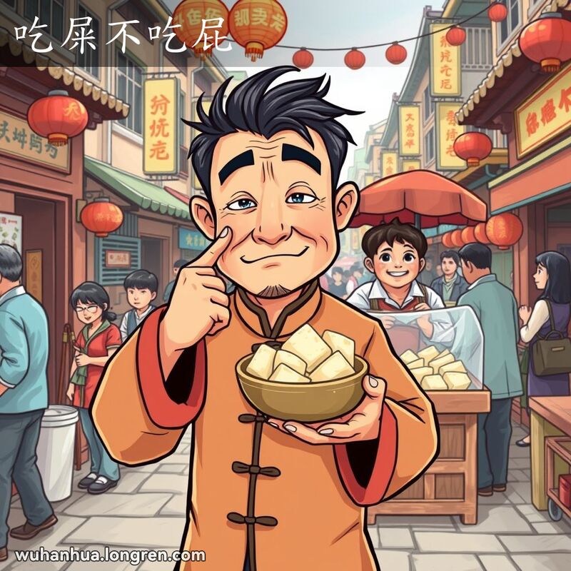 一位男子在武汉市场中捏着鼻子，厌恶地看着臭豆腐，背后小贩微笑劝食，背景是武汉老街景
