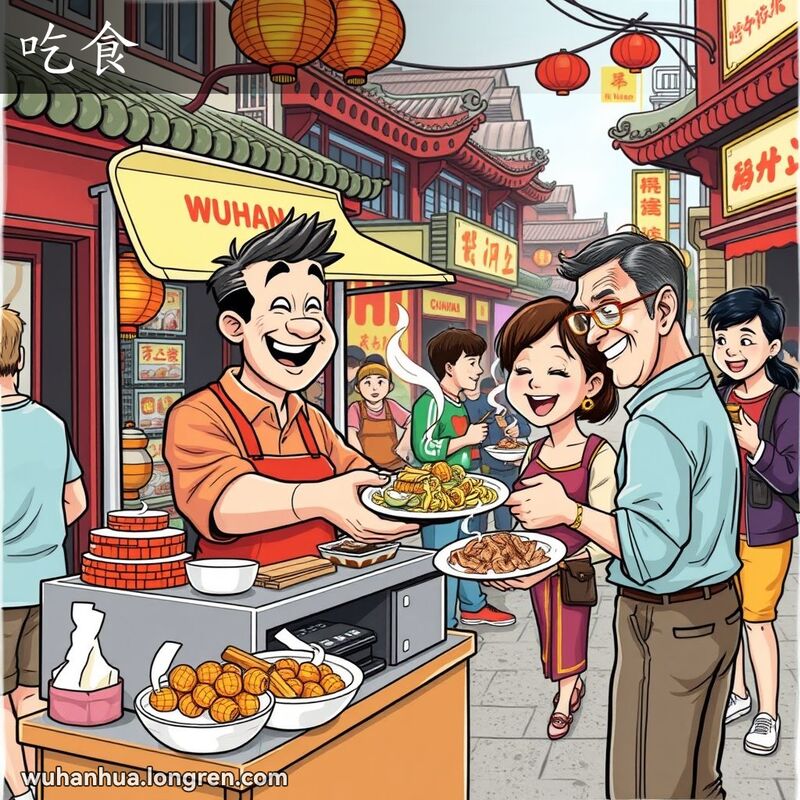 武汉街头小吃摊前，摊主递给顾客一盘热气腾腾的食物，背景中其他人也在享受美食。
